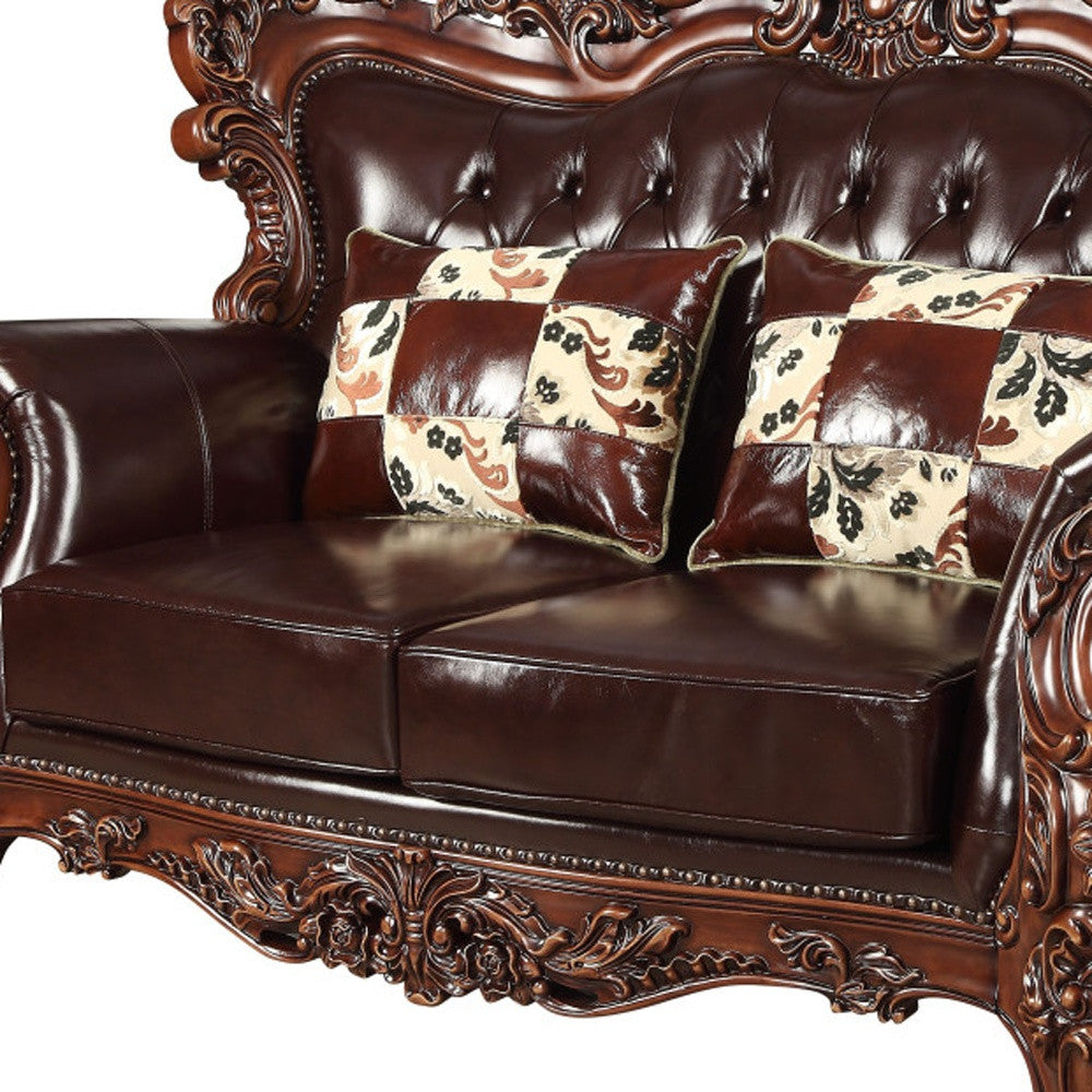 71" Espresso And Brown Faux Leather Curved Love Seat