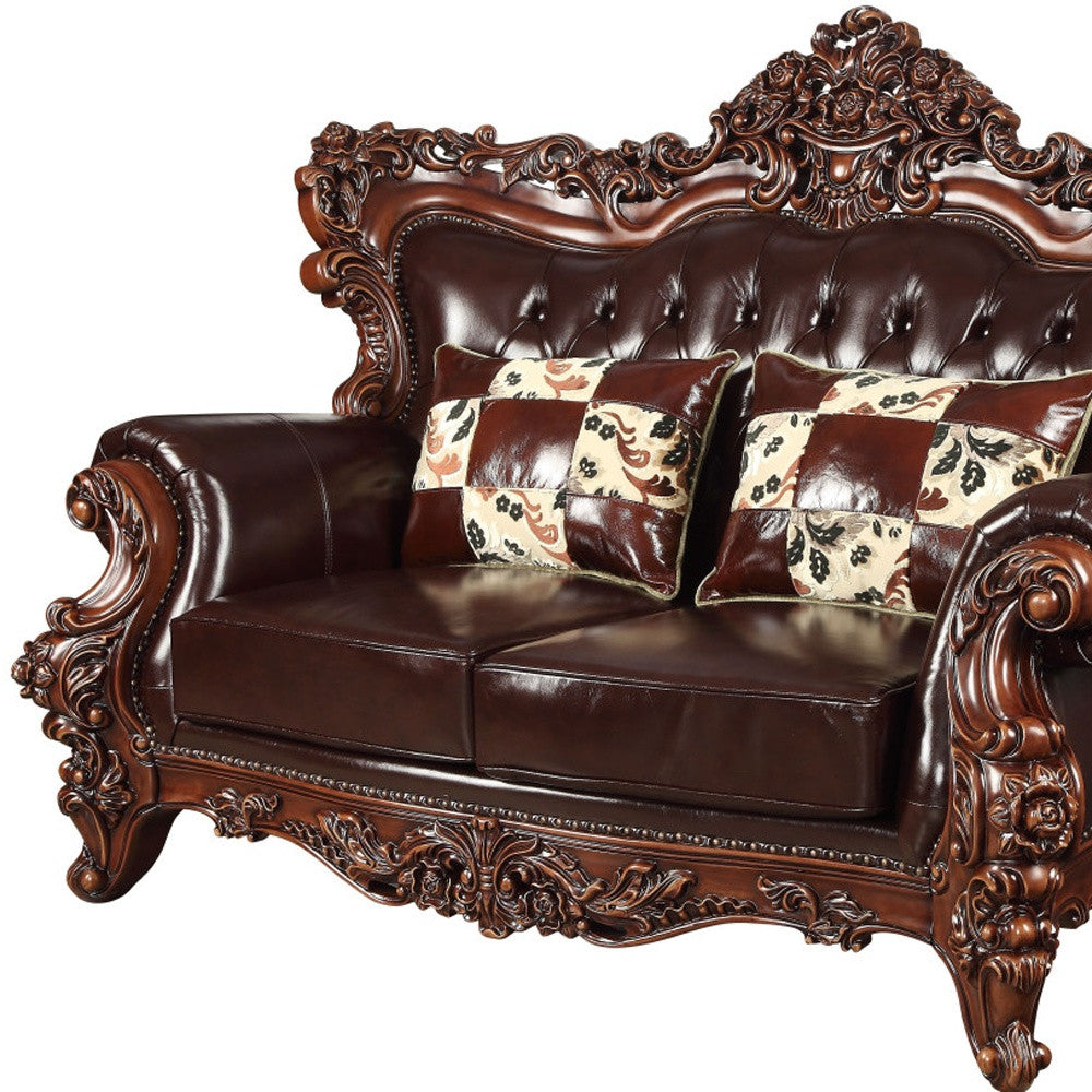 71" Espresso And Brown Faux Leather Curved Love Seat