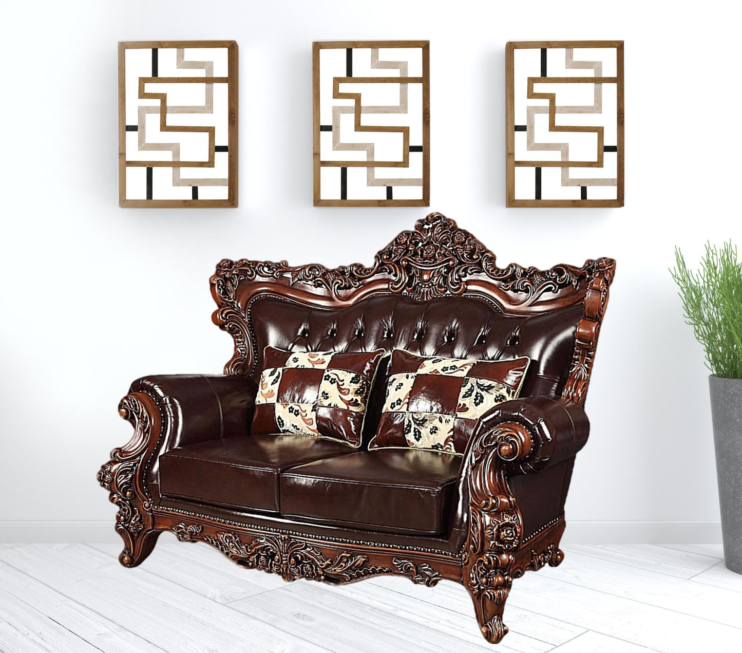 71" Espresso And Brown Faux Leather Curved Love Seat