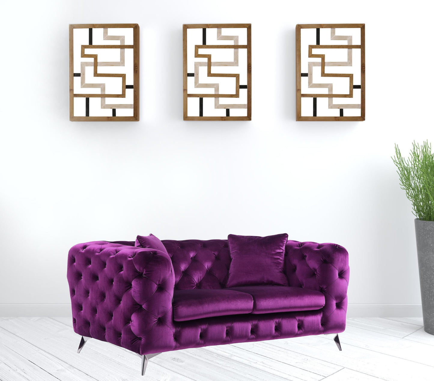 72" Purple And Silver Velvet Love Seat