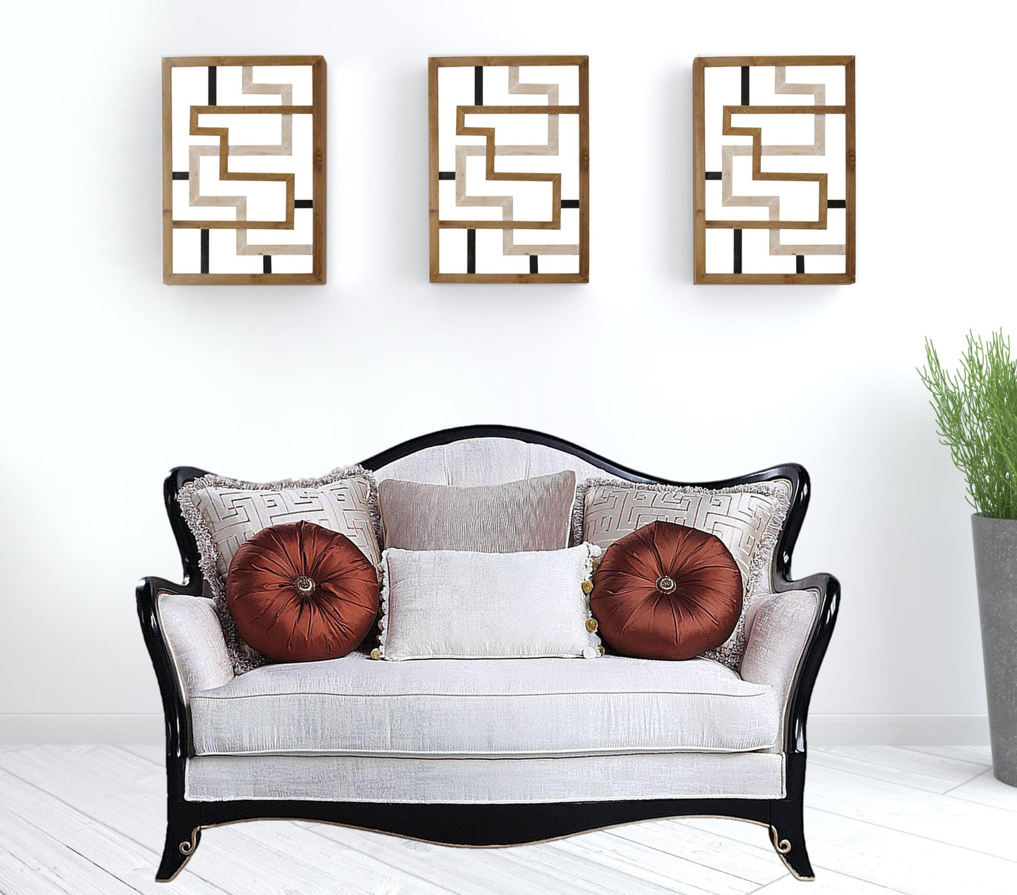 66" Beige And Black Cotton Blend Love Seat And Toss Pillows