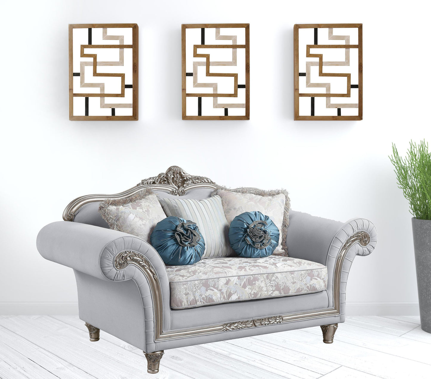 76" Light Gray And Platinum Linen Love Seat And Toss Pillows