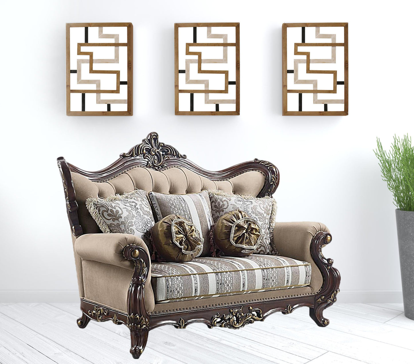 70" Brown And Dark Brown Linen Curved Love Seat And Toss Pillows