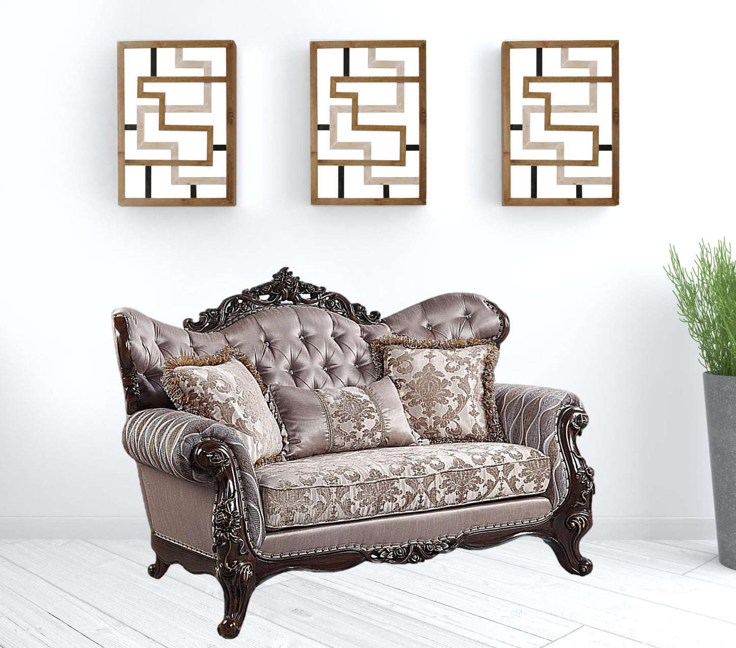 70" Pink And Brown Love Seat And Toss Pillows