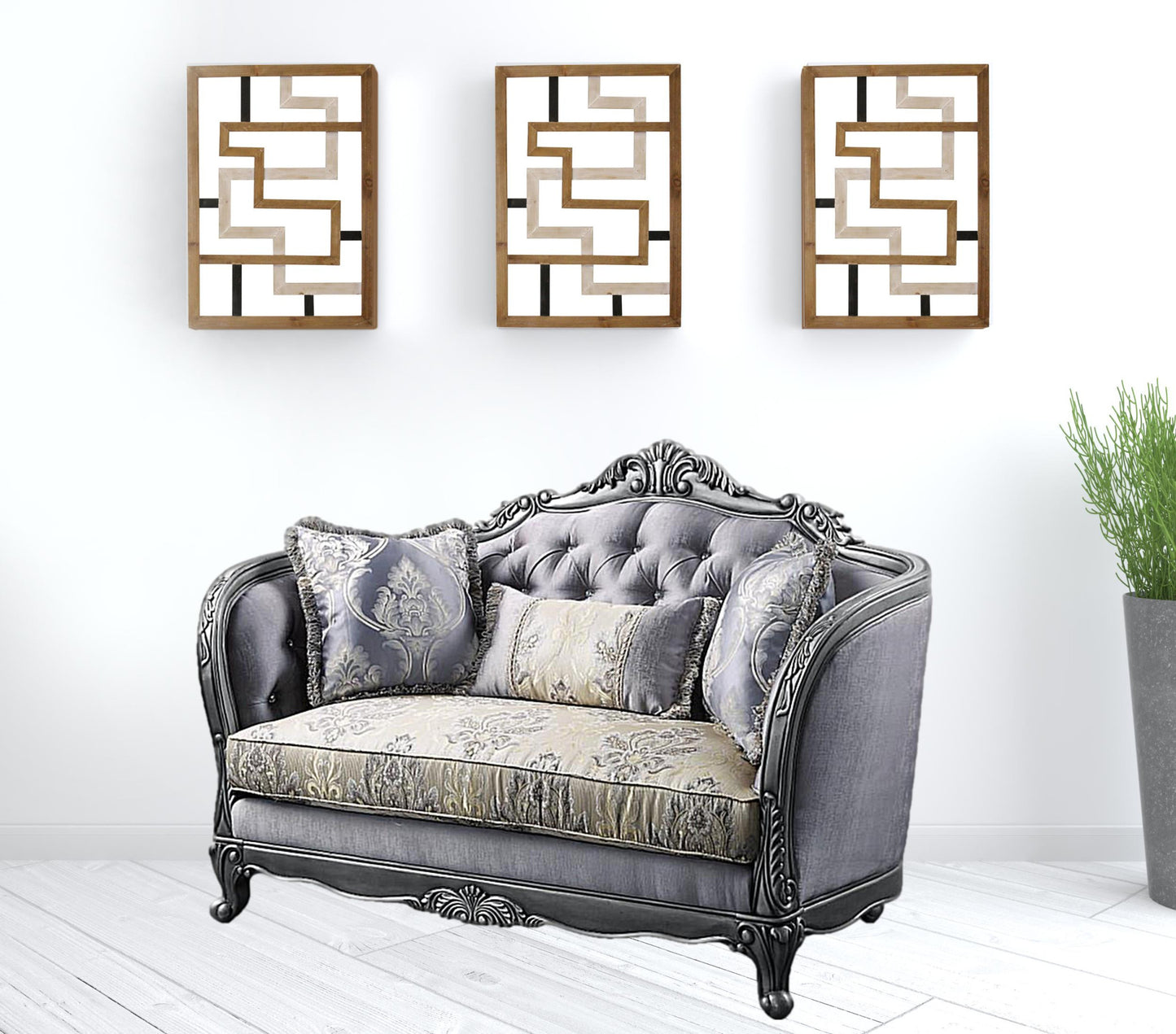 65" Gray Silver And Platinum Silk Blend Love Seat And Toss Pillows