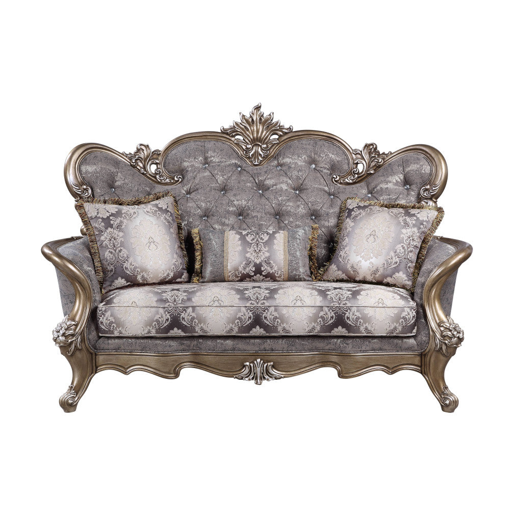 75" Gray And Platinum Cotton Blend Love Seat And Toss Pillows