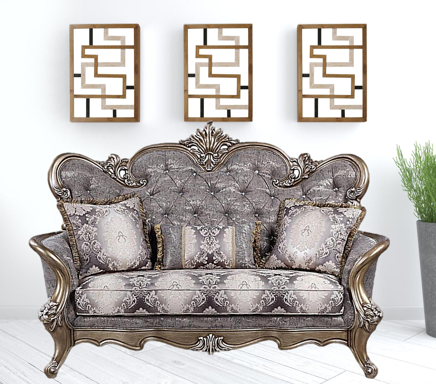 75" Gray And Platinum Cotton Blend Love Seat And Toss Pillows