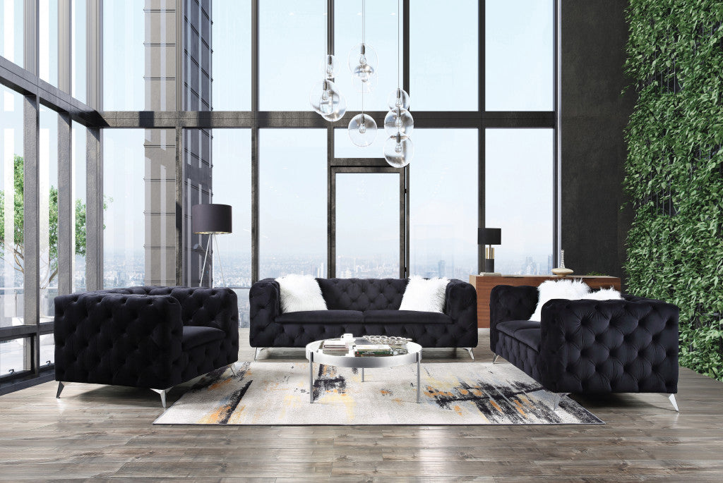 46" Black Velvet And Chrome Tufted Arm Chair