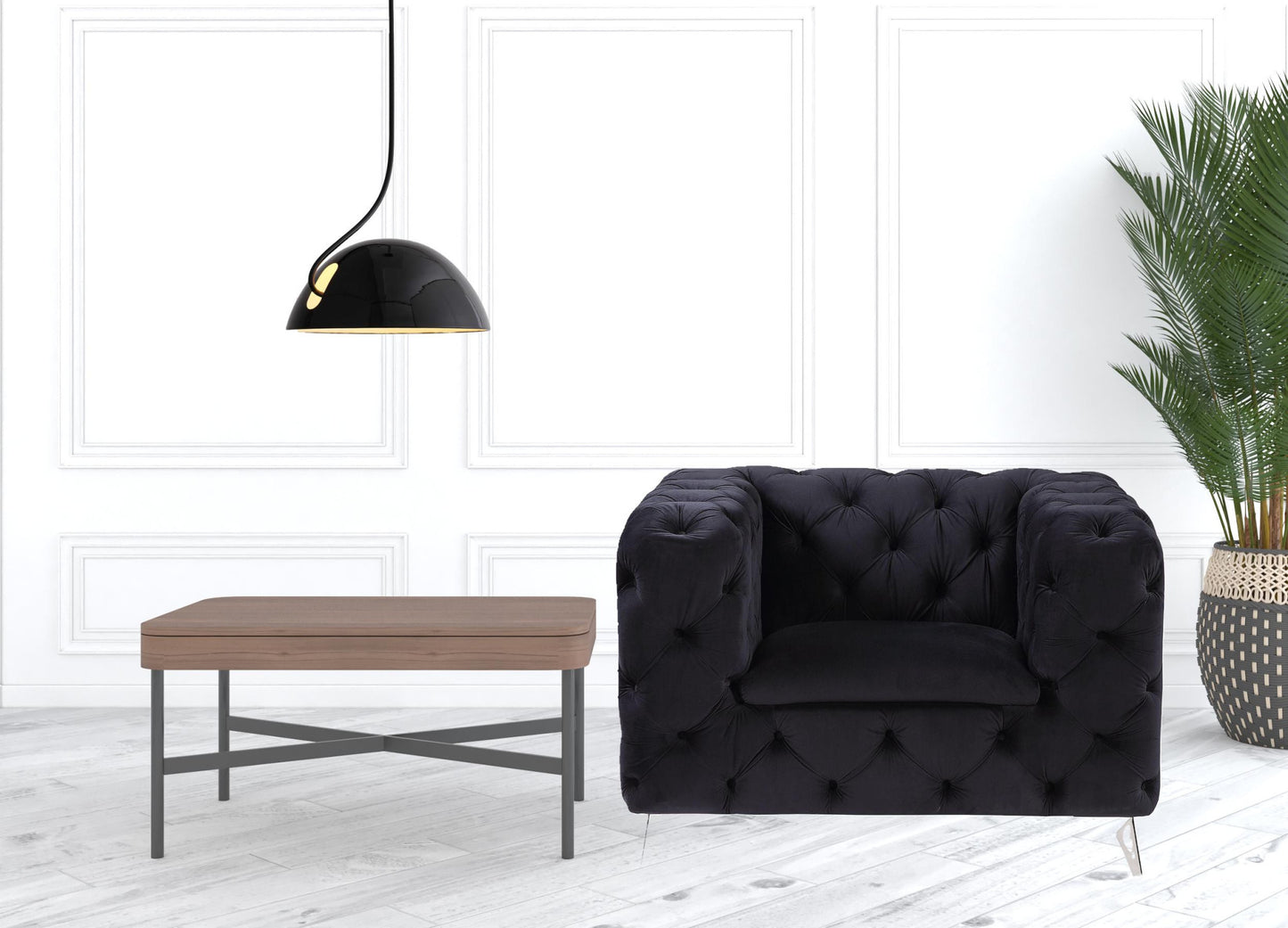 46" Black Velvet And Chrome Tufted Arm Chair