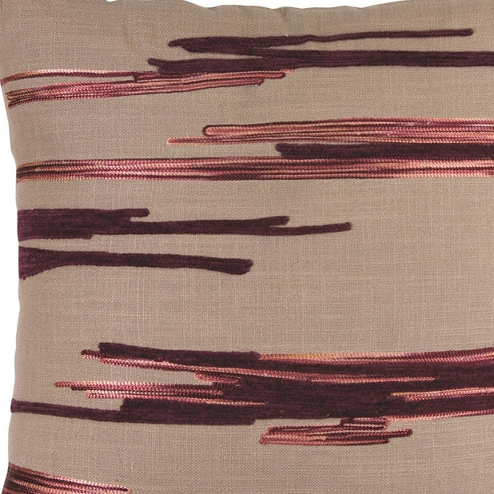 Set Of Two 15" Beige and Wine Striped Cotton Blend Throw Pillows With Sequins