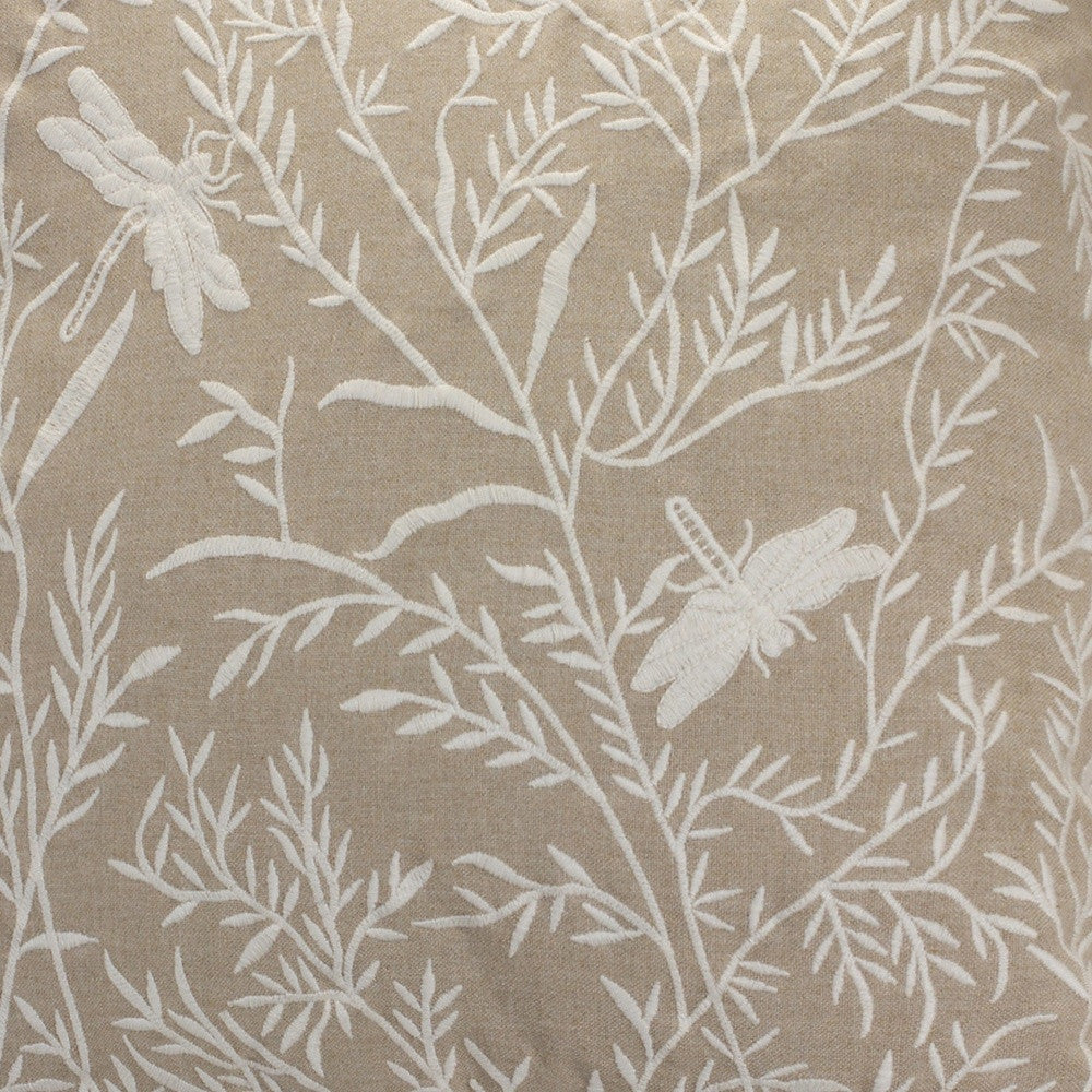 17" Beige And White Floral Cotton Blend Throw Pillow With Embroidery