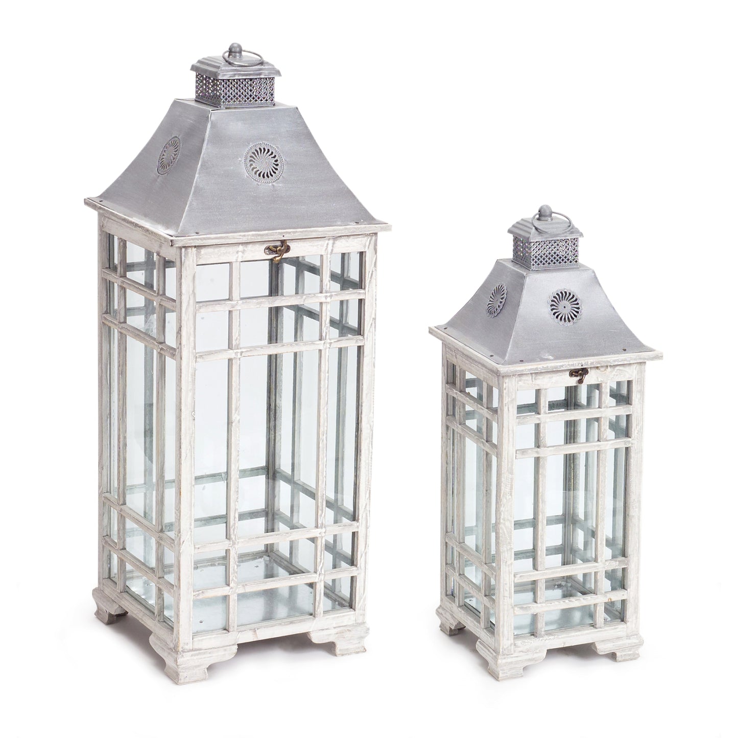 Set Of Two Gray Flameless Floor Lantern Candle Holders