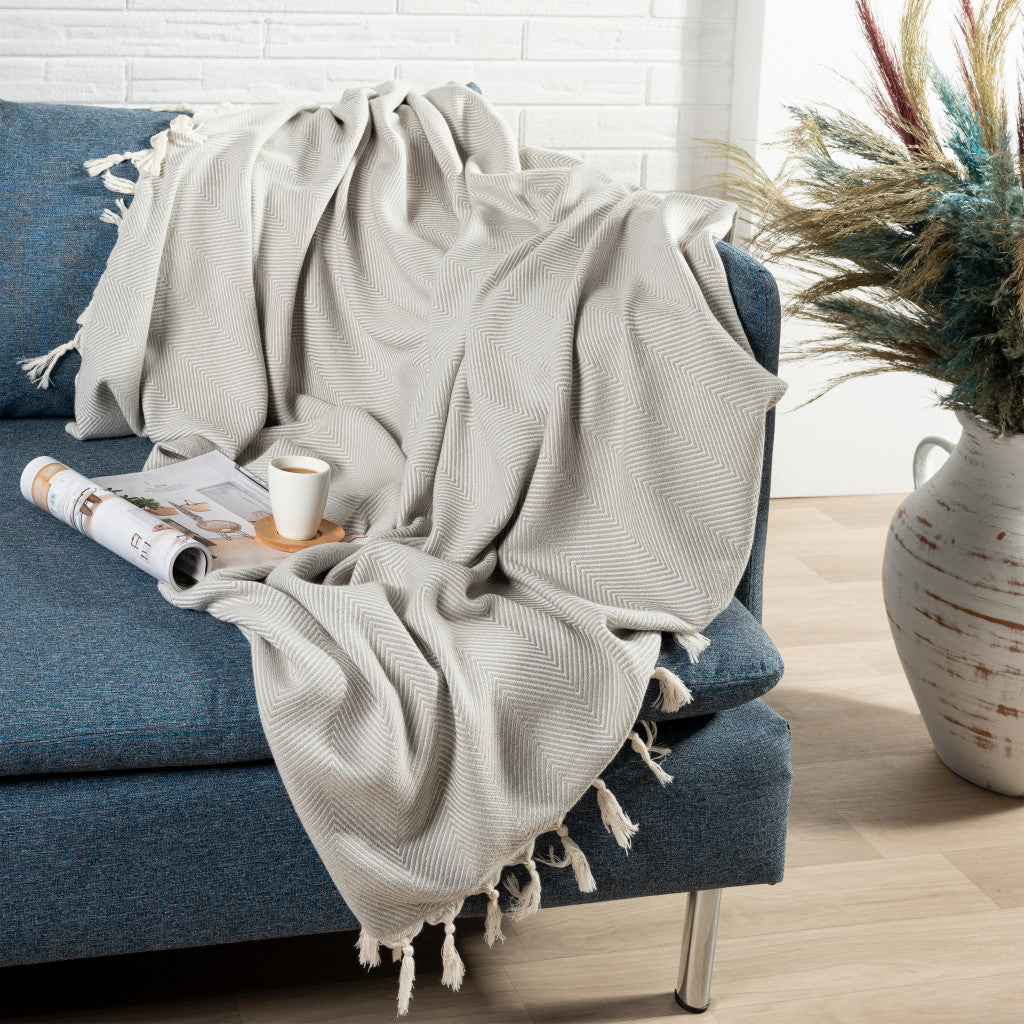 Gray Woven Cotton Herringbone Throw Blanket