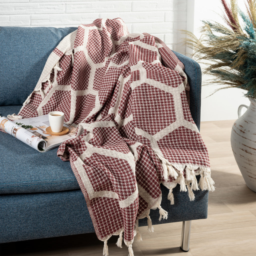 Blue and Off White Woven Cotton Geometric Throw Blanket