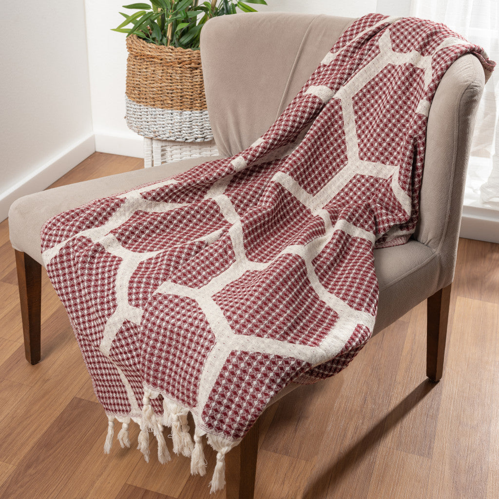 Blue and Off White Woven Cotton Geometric Throw Blanket