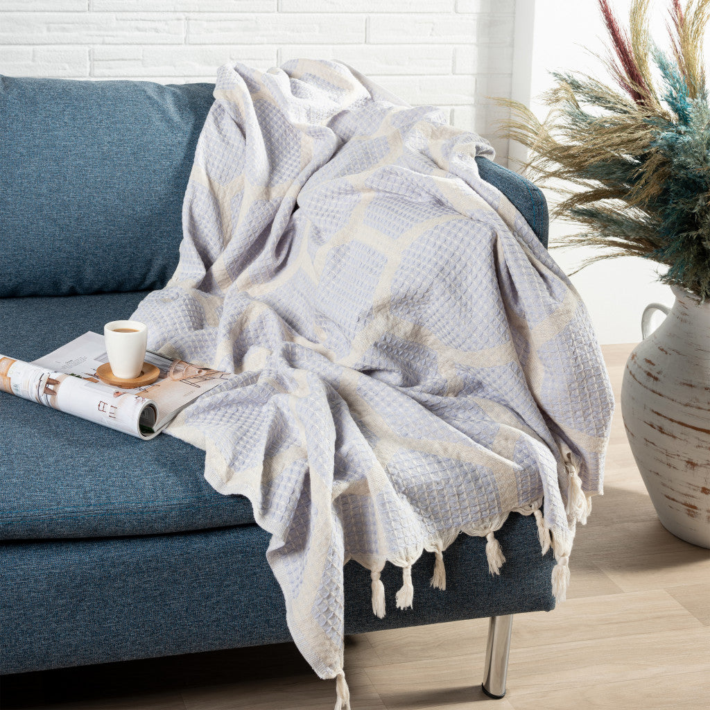 Blue and Off White Woven Cotton Geometric Throw Blanket
