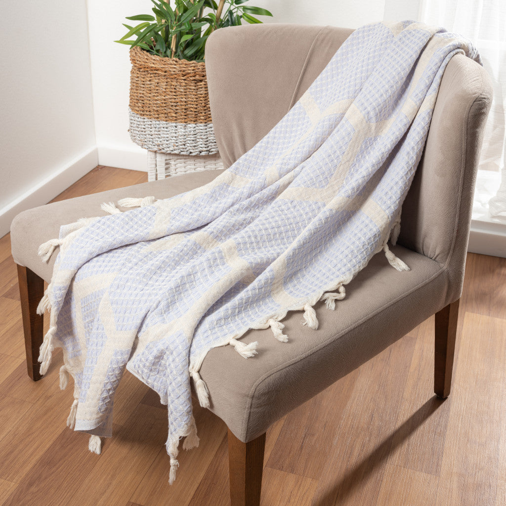 Blue and Off White Woven Cotton Geometric Throw Blanket