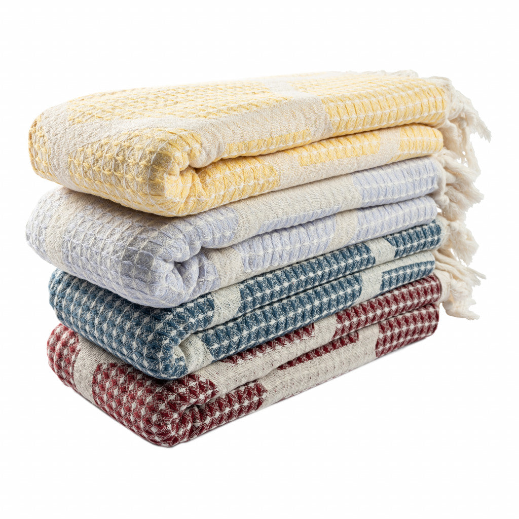 Blue and Off White Woven Cotton Geometric Throw Blanket