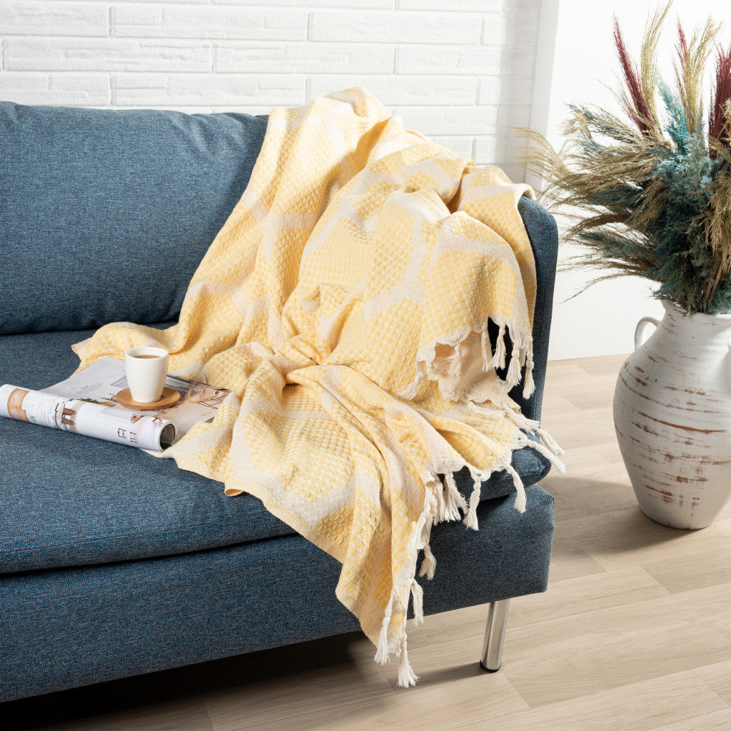 Blue and Off White Woven Cotton Geometric Throw Blanket