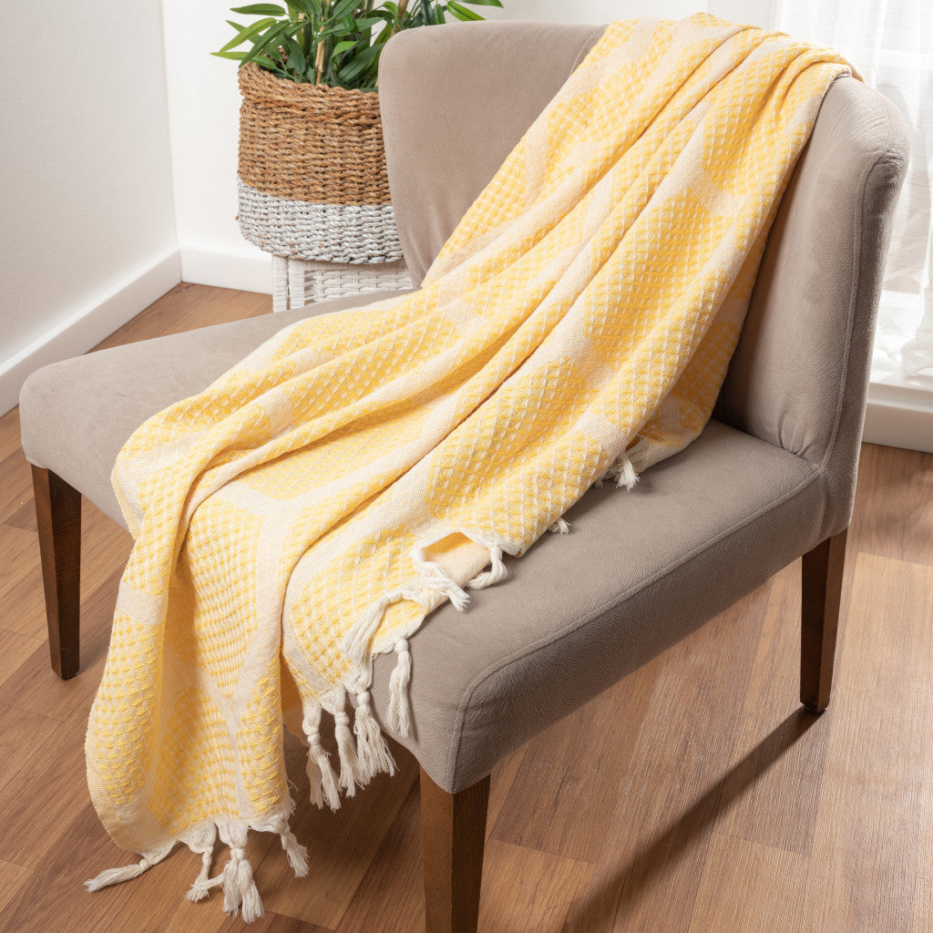 Blue and Off White Woven Cotton Geometric Throw Blanket