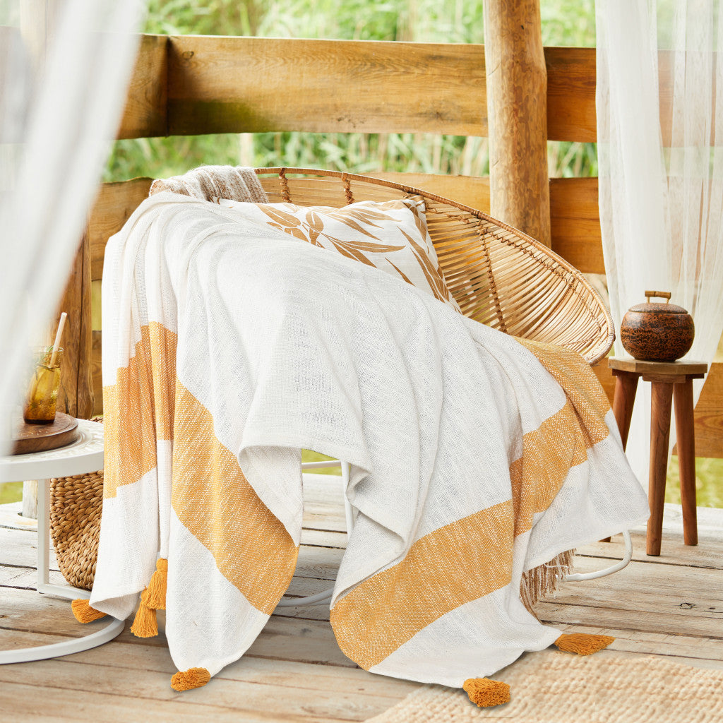 Orange Woven Cotton Striped Throw Blanket