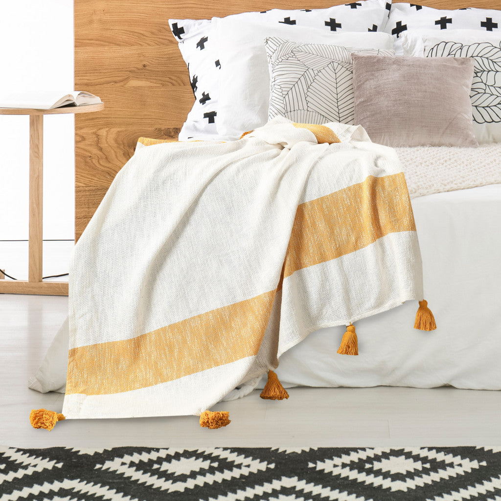Orange Woven Cotton Striped Throw Blanket