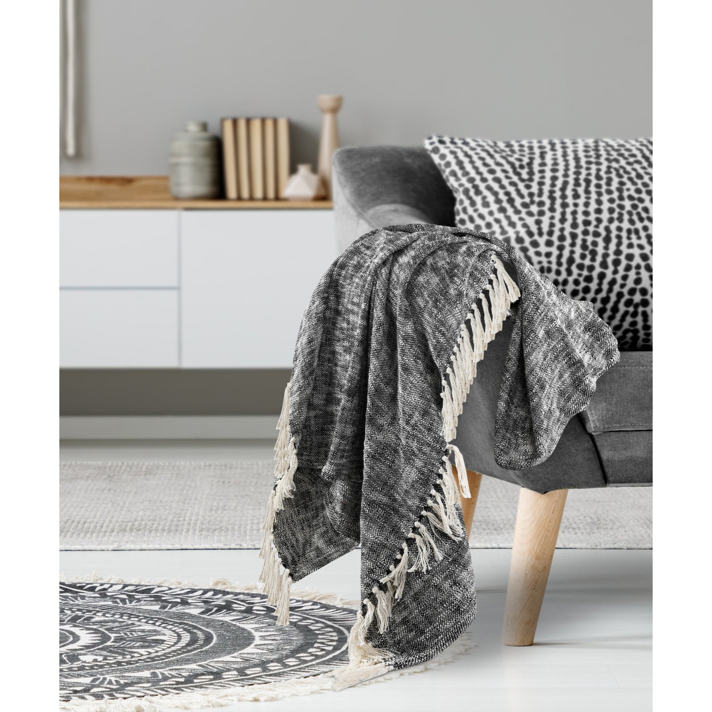 Blue and White Woven Cotton Solid Color Throw Blanket