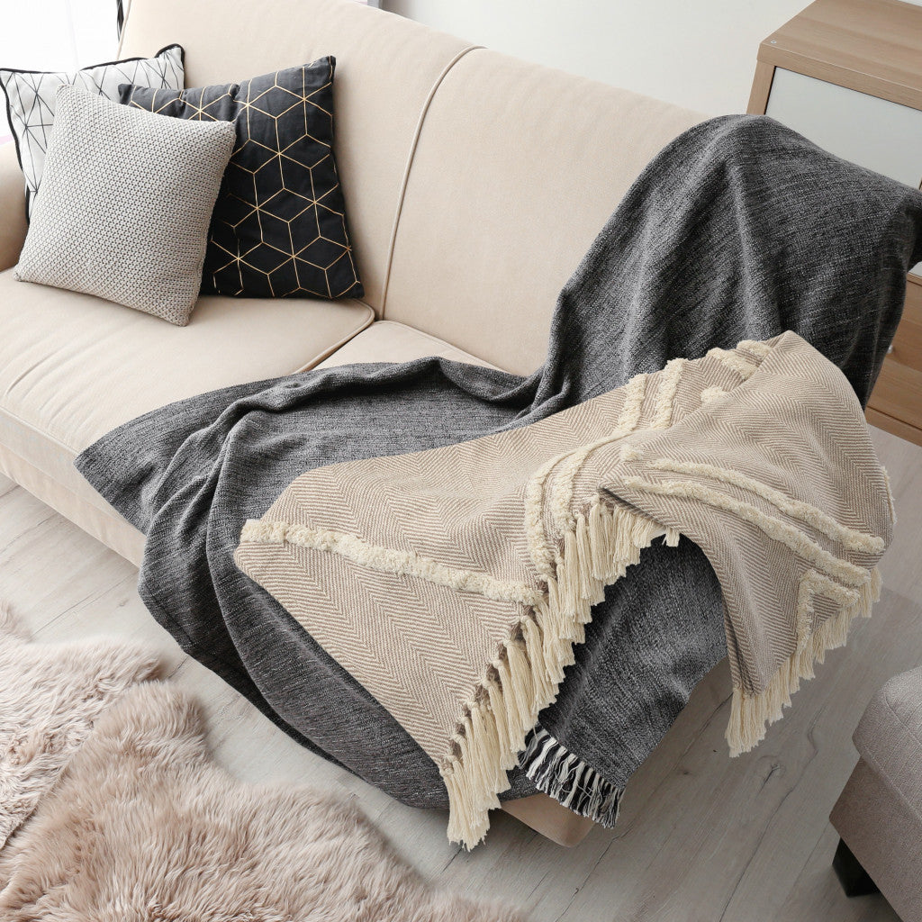 Cream Woven Cotton Herringbone Throw Blanket