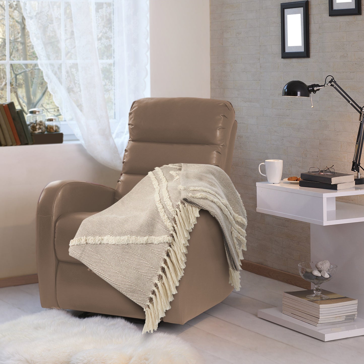 Cream Woven Cotton Herringbone Throw Blanket