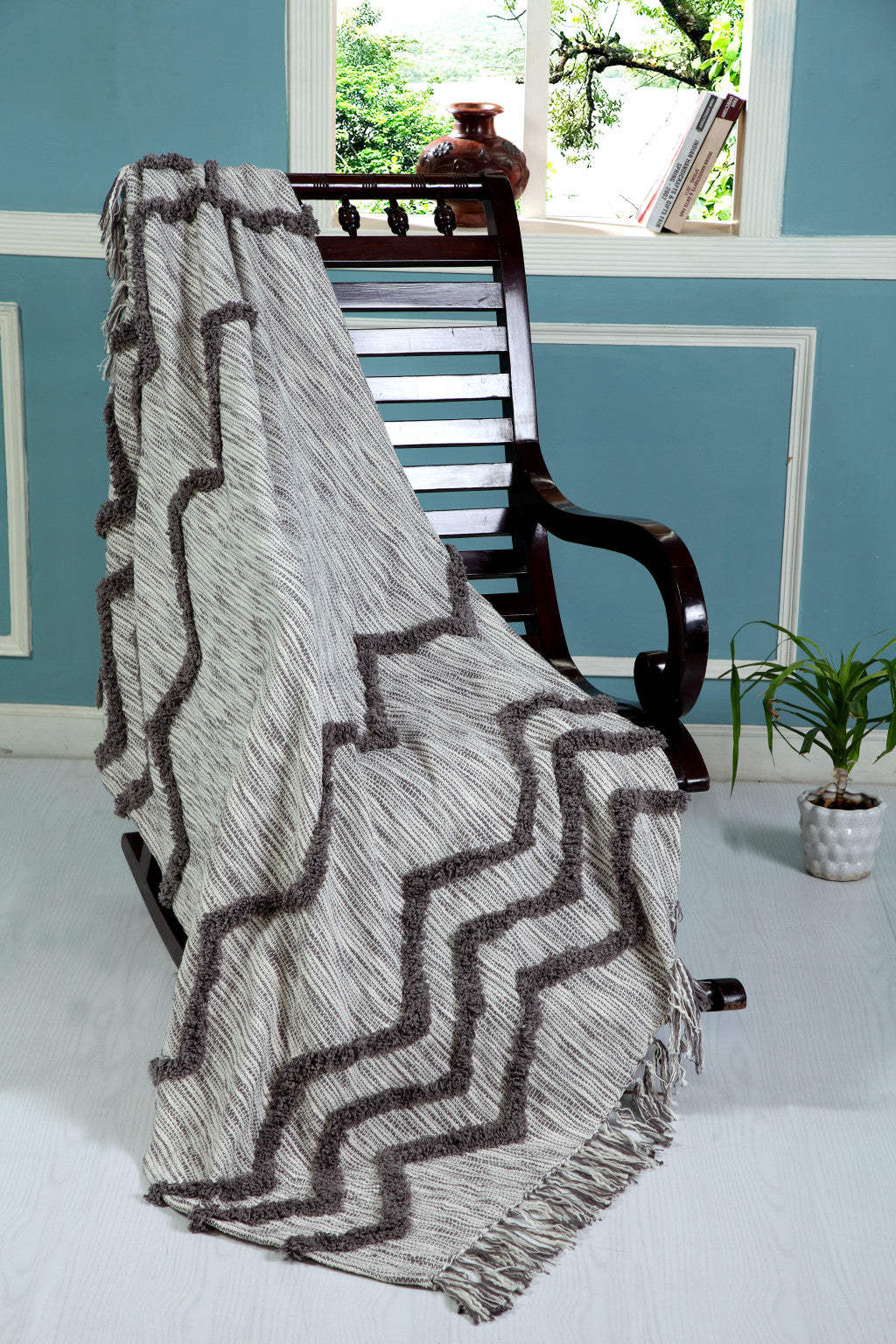 Gray Woven Cotton Chevron Throw Blanket