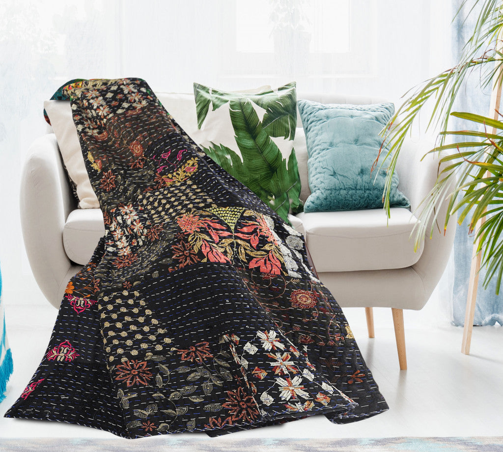 Black Knitted Cotton Patchwork Throw Blanket