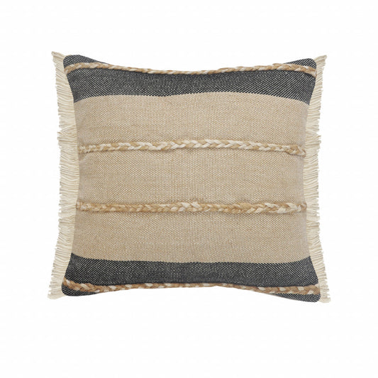 14" X 36" Black Tan And Taupe Jute Striped Zippered Pillow
