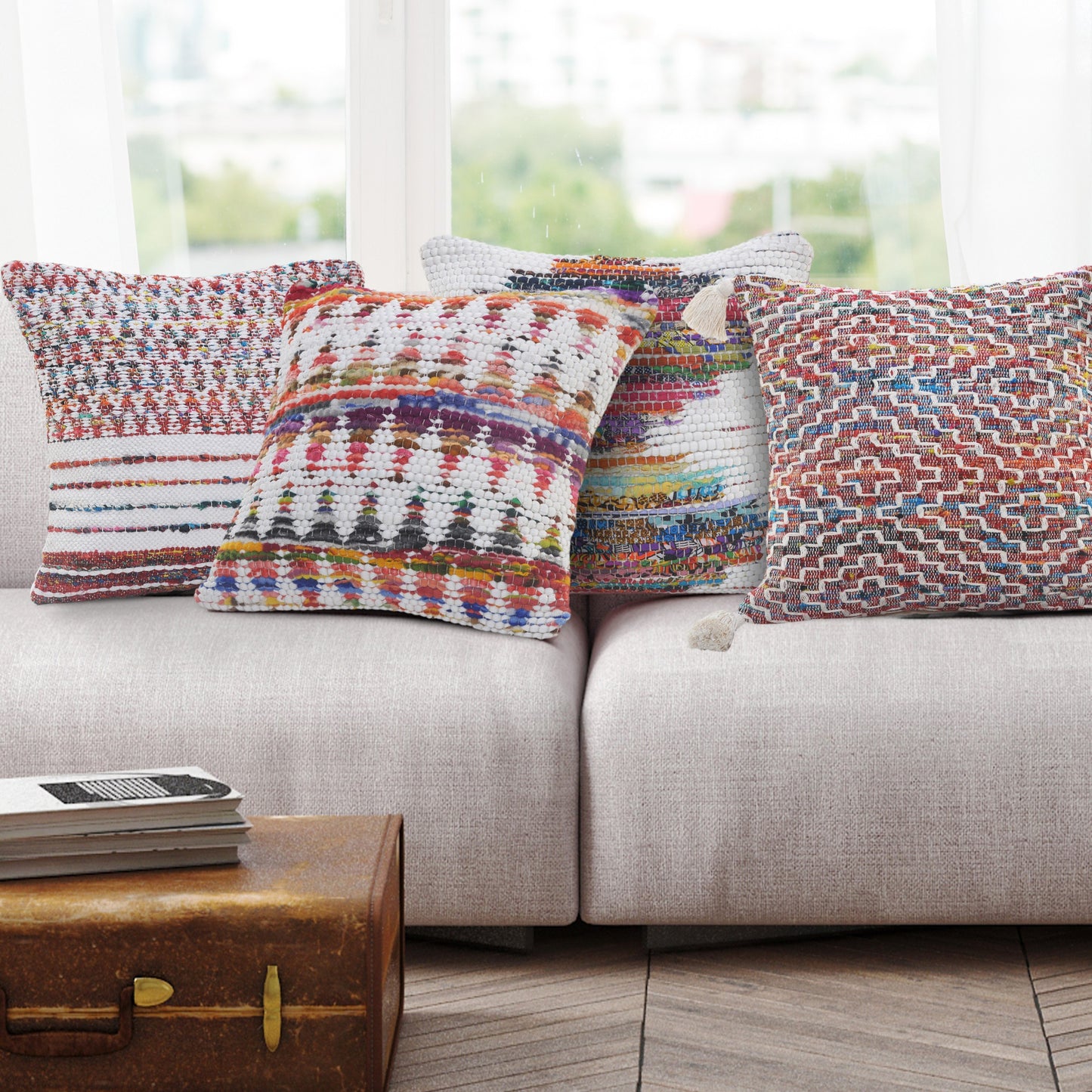 14" X 36" White Red Blue Orange And Green 100% Cotton Geometric Zippered Pillow