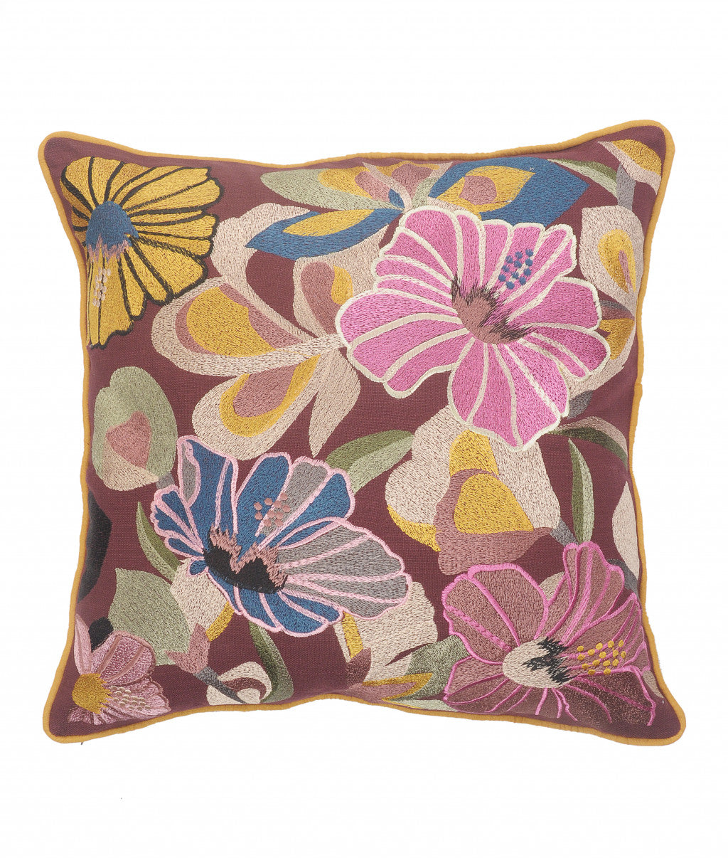 20" X 20" Red Pink Yellow And Blue 100% Cotton Floral Zippered Pillow