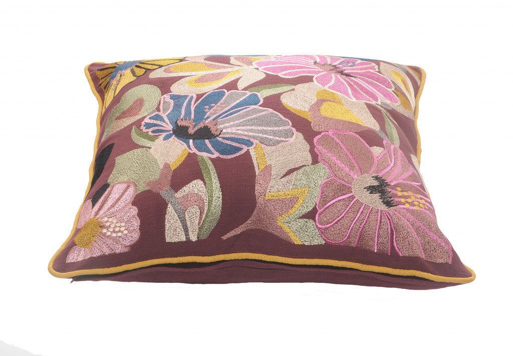 20" X 20" Red Pink Yellow And Blue 100% Cotton Floral Zippered Pillow