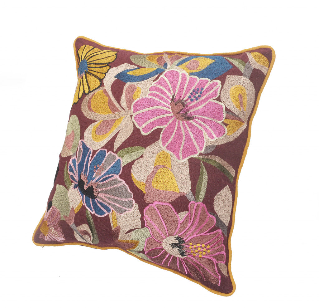 20" X 20" Red Pink Yellow And Blue 100% Cotton Floral Zippered Pillow