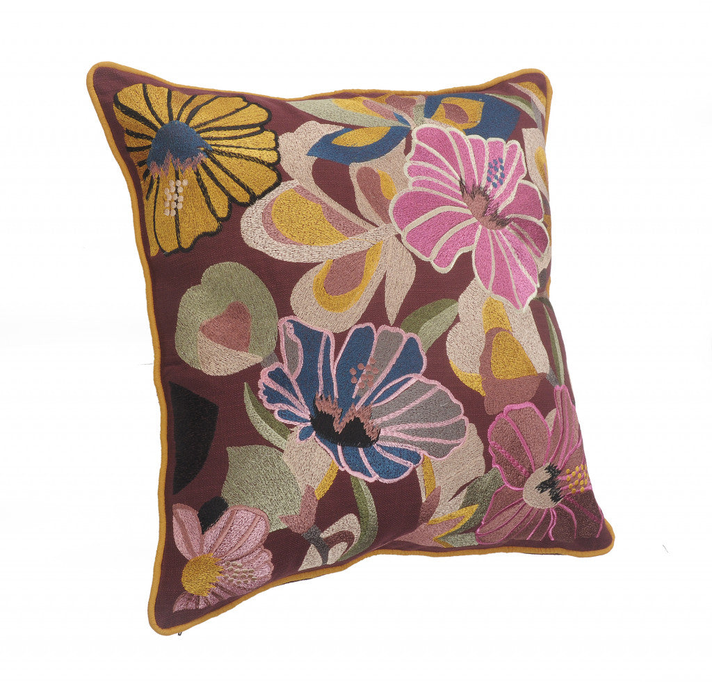 20" X 20" Red Pink Yellow And Blue 100% Cotton Floral Zippered Pillow