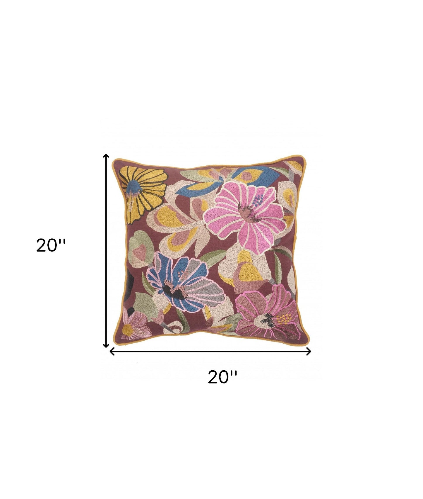 20" X 20" Red Pink Yellow And Blue 100% Cotton Floral Zippered Pillow