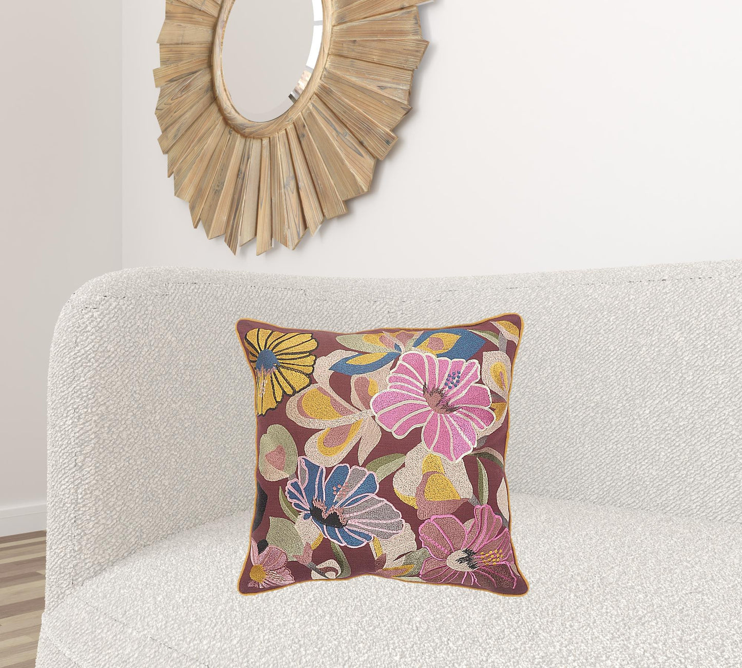 20" X 20" Red Pink Yellow And Blue 100% Cotton Floral Zippered Pillow