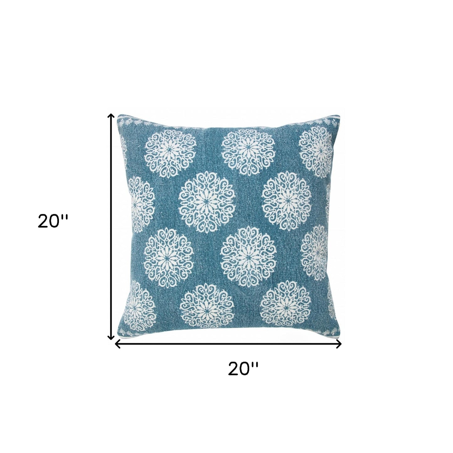 20" X 20" Lagoon Blue And White 100% Cotton Floral Zippered Pillow