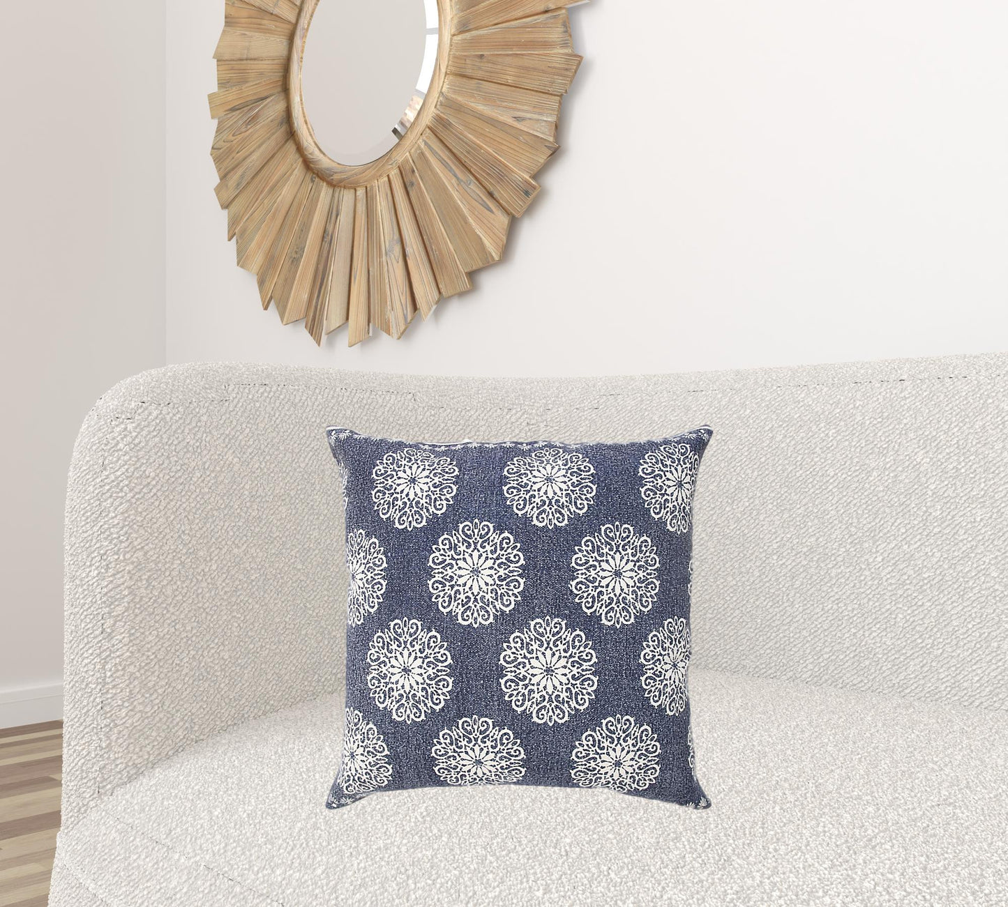 20" X 20" Lagoon Blue And White 100% Cotton Floral Zippered Pillow