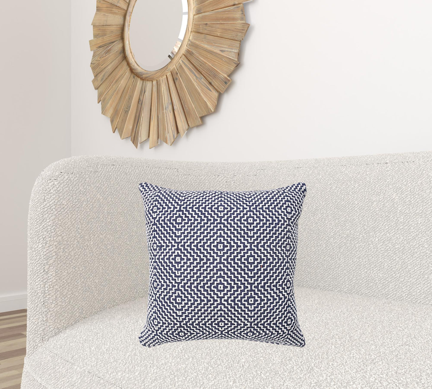 14" X 36" Blue And White 100% Cotton Geometric Zippered Pillow
