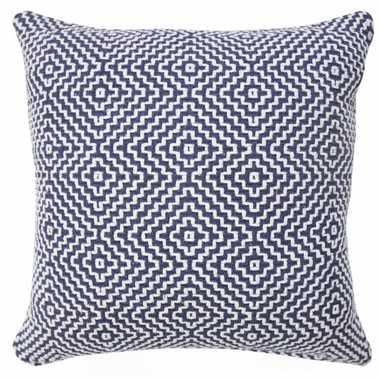 14" X 36" Blue And White 100% Cotton Geometric Zippered Pillow