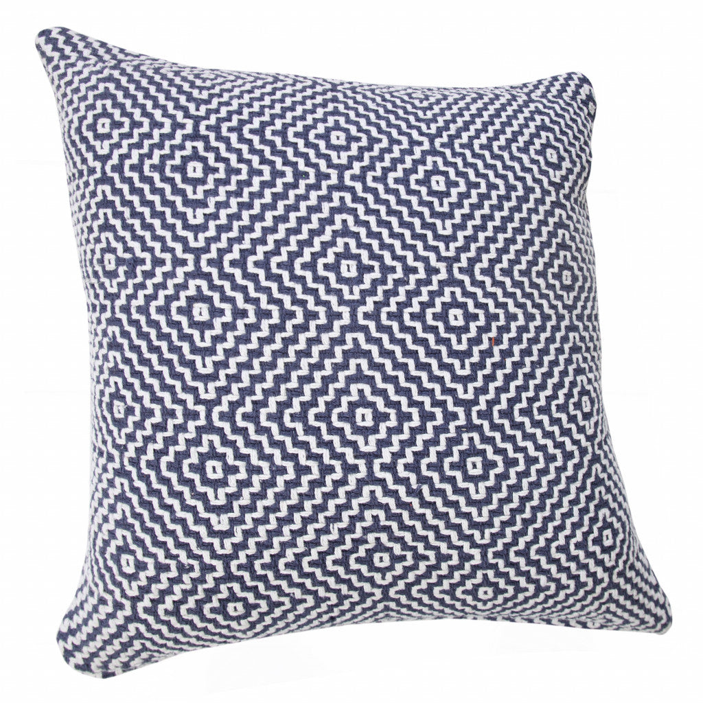 14" X 36" Blue And White 100% Cotton Geometric Zippered Pillow