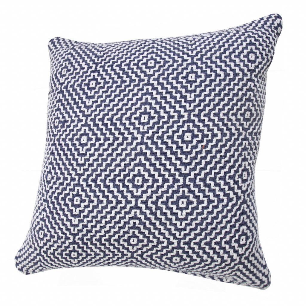 14" X 36" Blue And White 100% Cotton Geometric Zippered Pillow