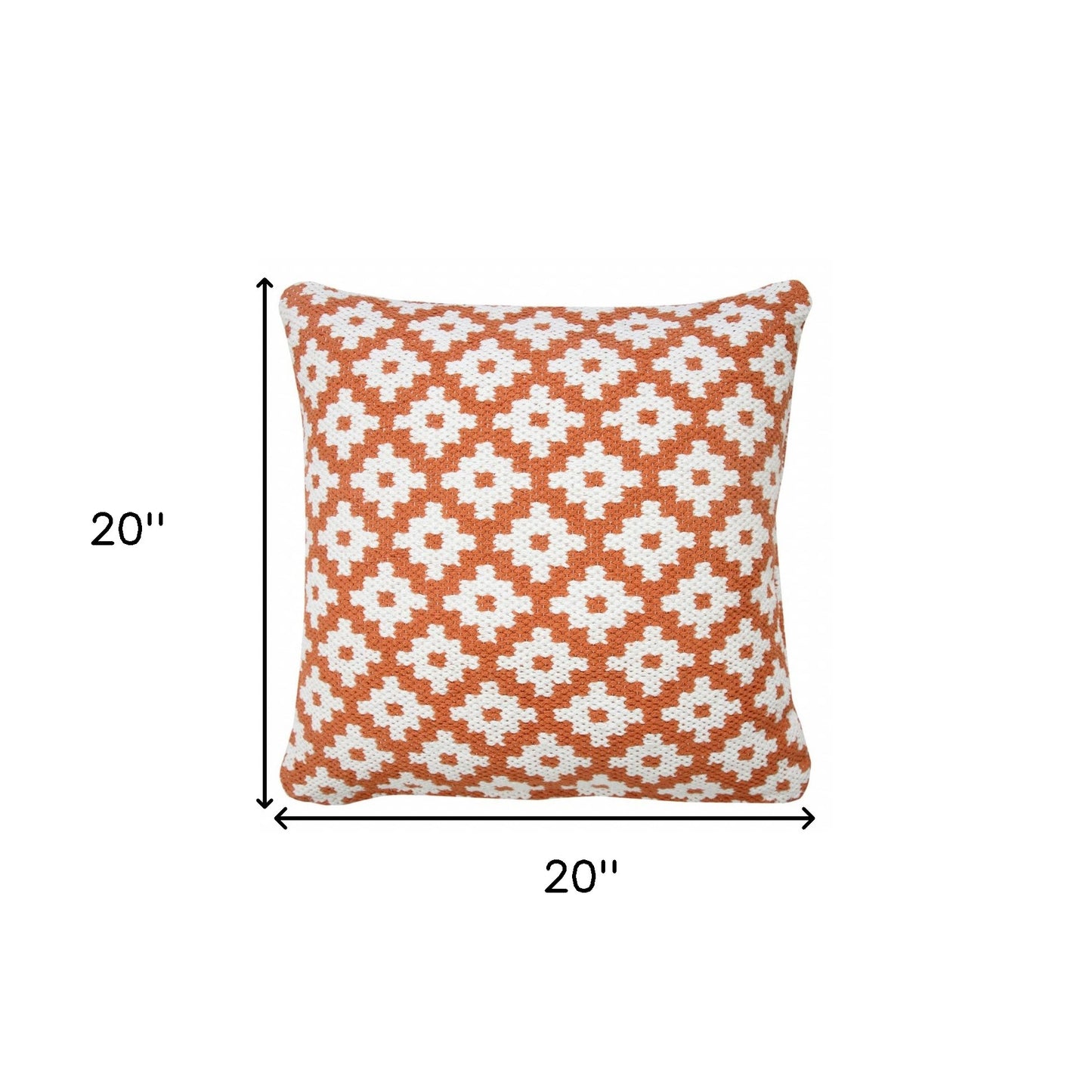 20" X 20" Orange And White 100% Cotton Geometric Zippered Pillow