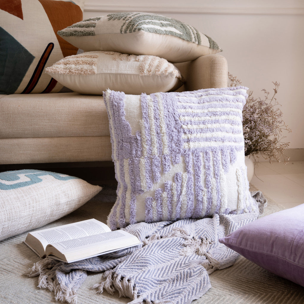 22" X 22" Cream And White 100% Cotton Striped Zippered Pillow