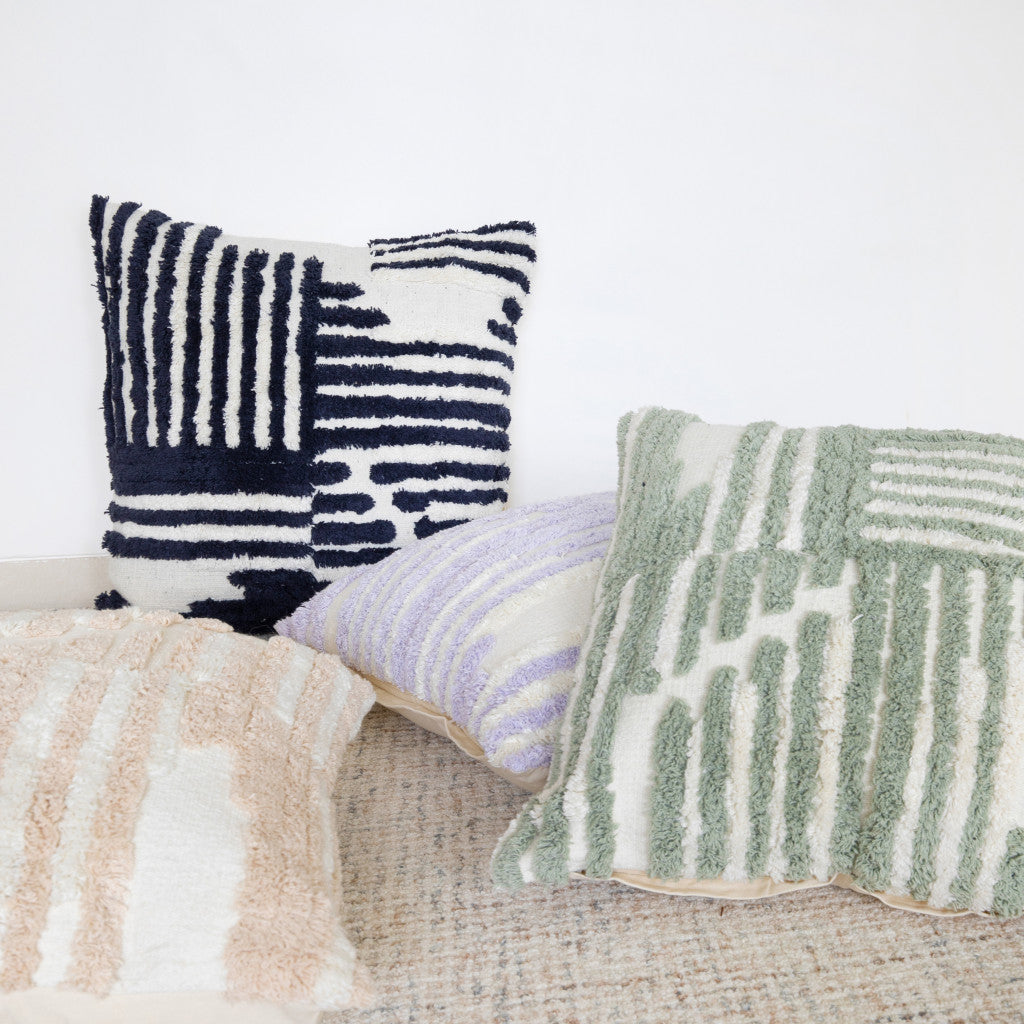 22" X 22" Cream And White 100% Cotton Striped Zippered Pillow