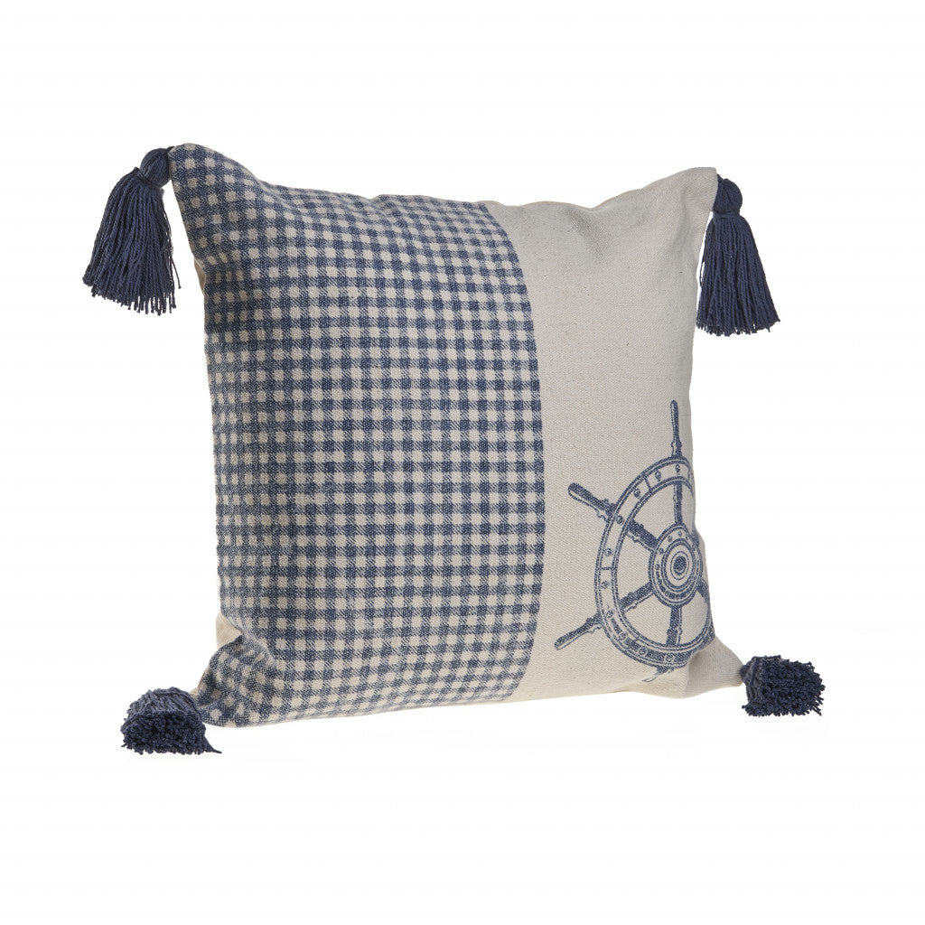 18" X 18" Blue And Cream 100% Cotton Coastal Zippered Pillow