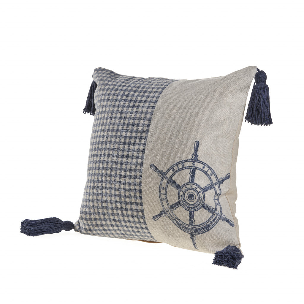 18" X 18" Blue And Cream 100% Cotton Coastal Zippered Pillow